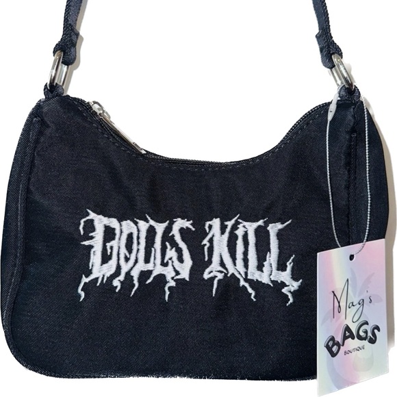 Dolls Kill Handbags - Dolls Kill: Graffiti Logo Embroidered Shoulder Black Bag